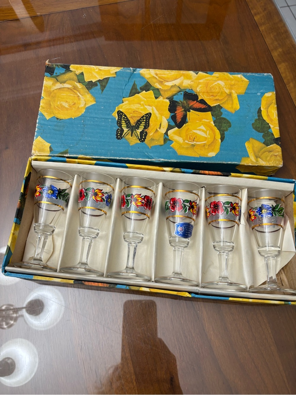 Made in ItalySet of 6 Floral Enamel Rim Cordial Glasses - Colorful Floral Design
